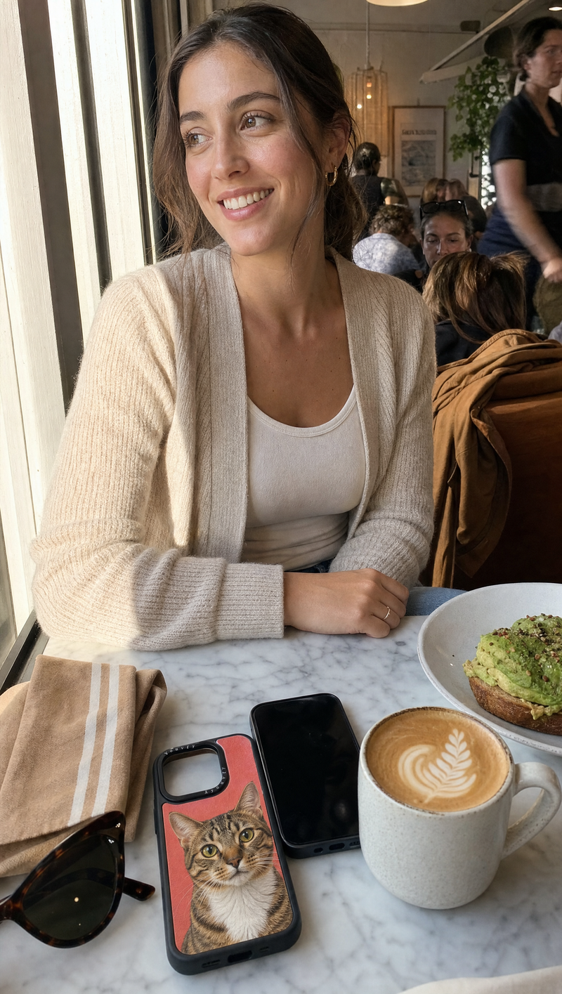 Customer photo: young woman at a brunch cafe with her Youvfy cat case on the table