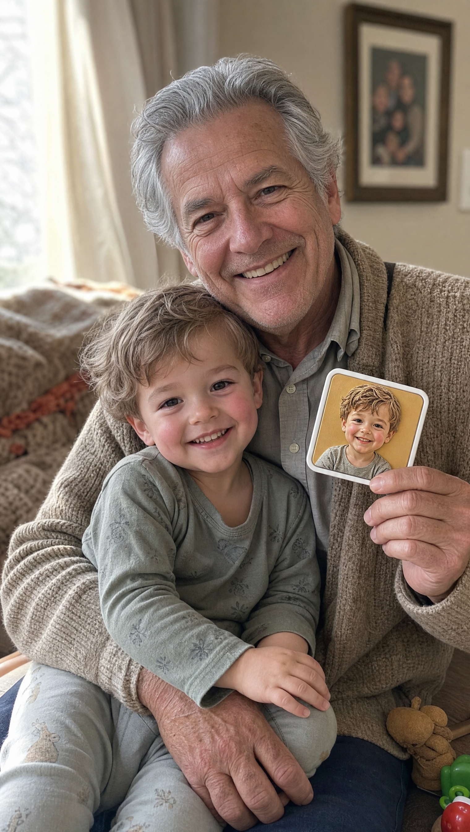 Customer photo: grandfather with his young grandchild holding a Youvfy ceramic magnet showing the grandchild