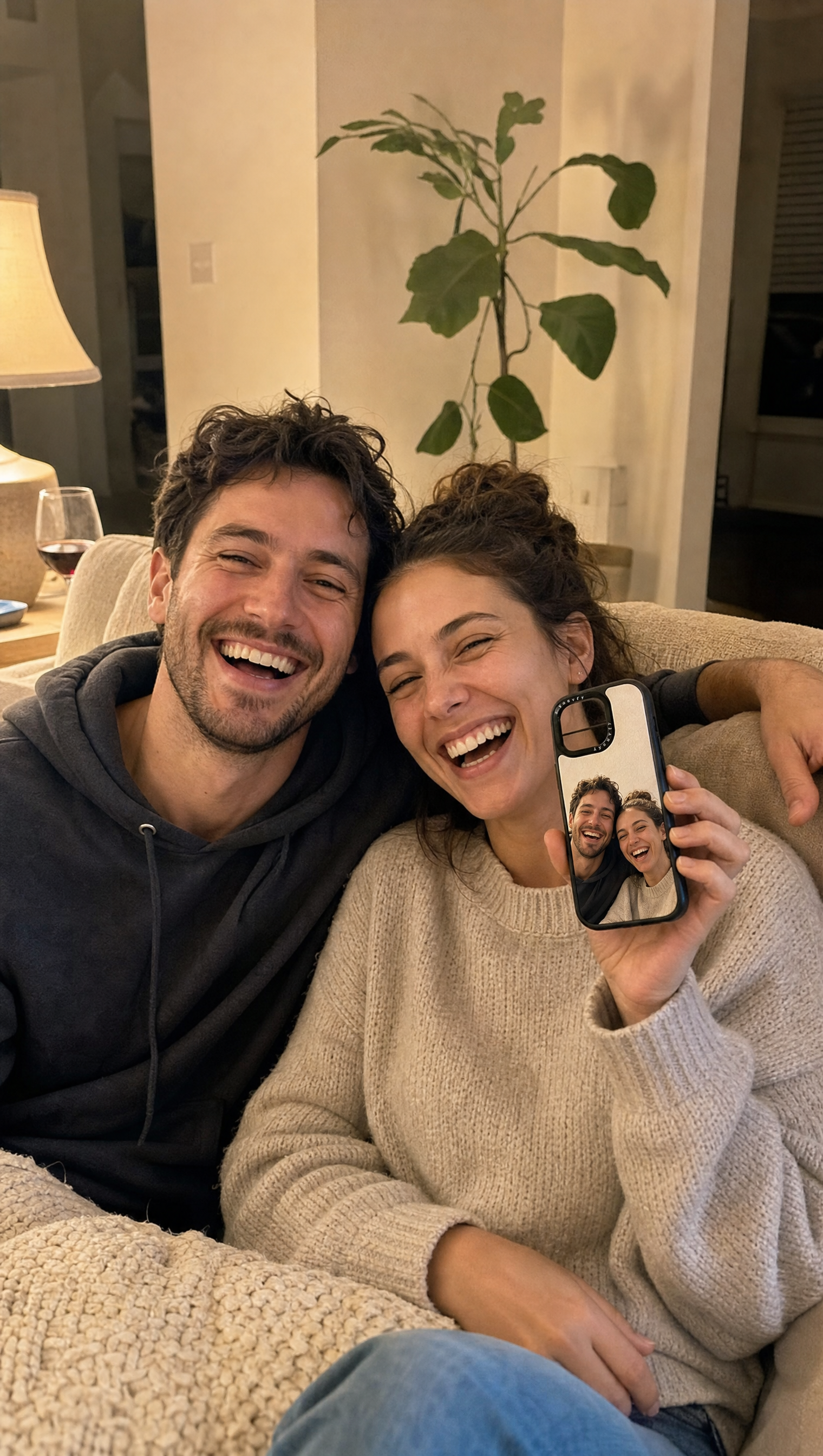 Customer photo: young couple cuddled on couch with a Youvfy case showing their own photo