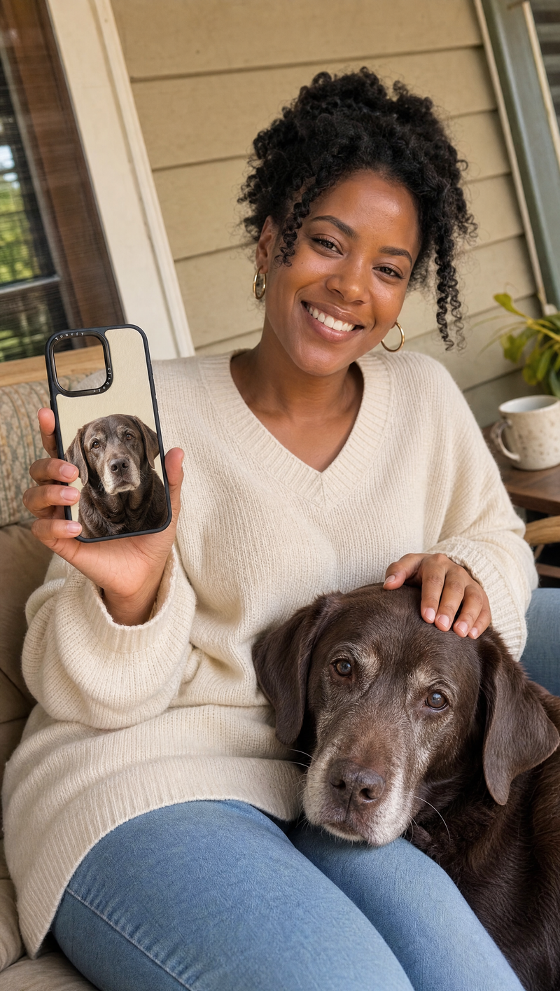 Customer UGC — young woman with senior golden lab and Youvfy case
