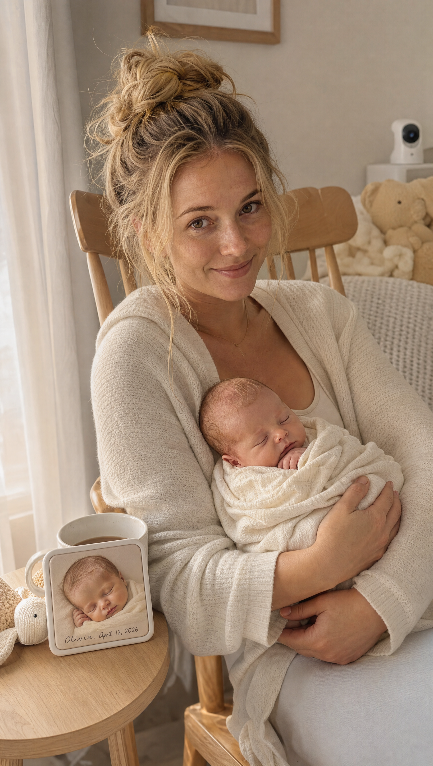 Customer UGC — blond mom with newborn and Youvfy newborn announcement magnet
