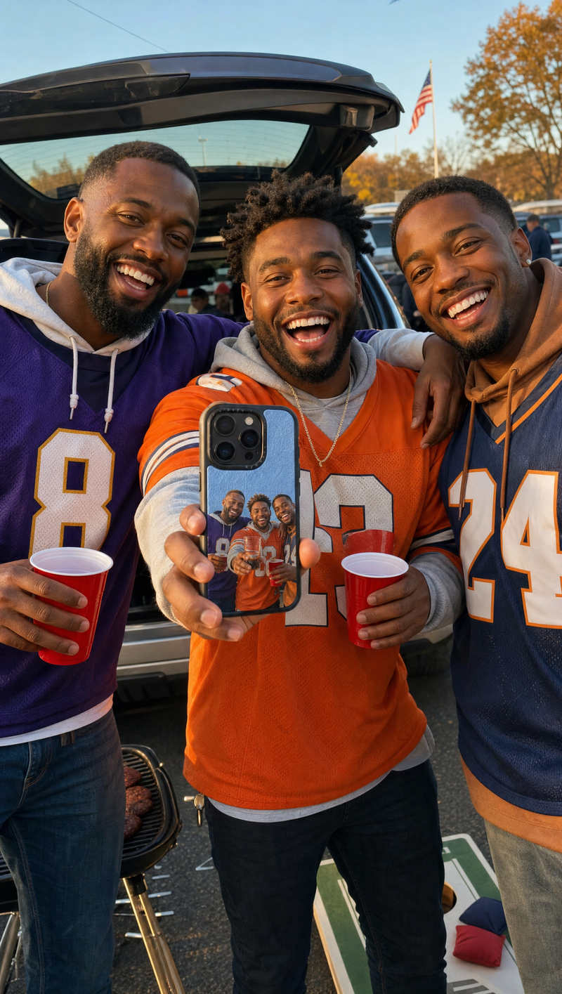 Customer UGC — three Black male friends at tailgate with Youvfy friends-photo case