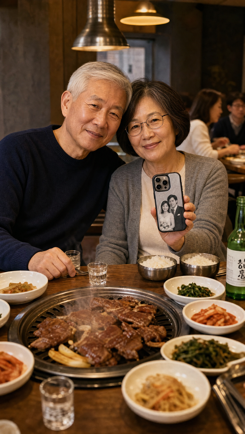 Customer UGC — older Asian couple at Korean BBQ with Youvfy wedding-photo case